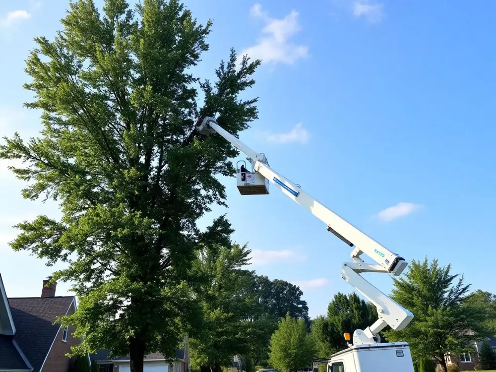 Kingdom Tree Services bucket truck reaching up to a tall tree